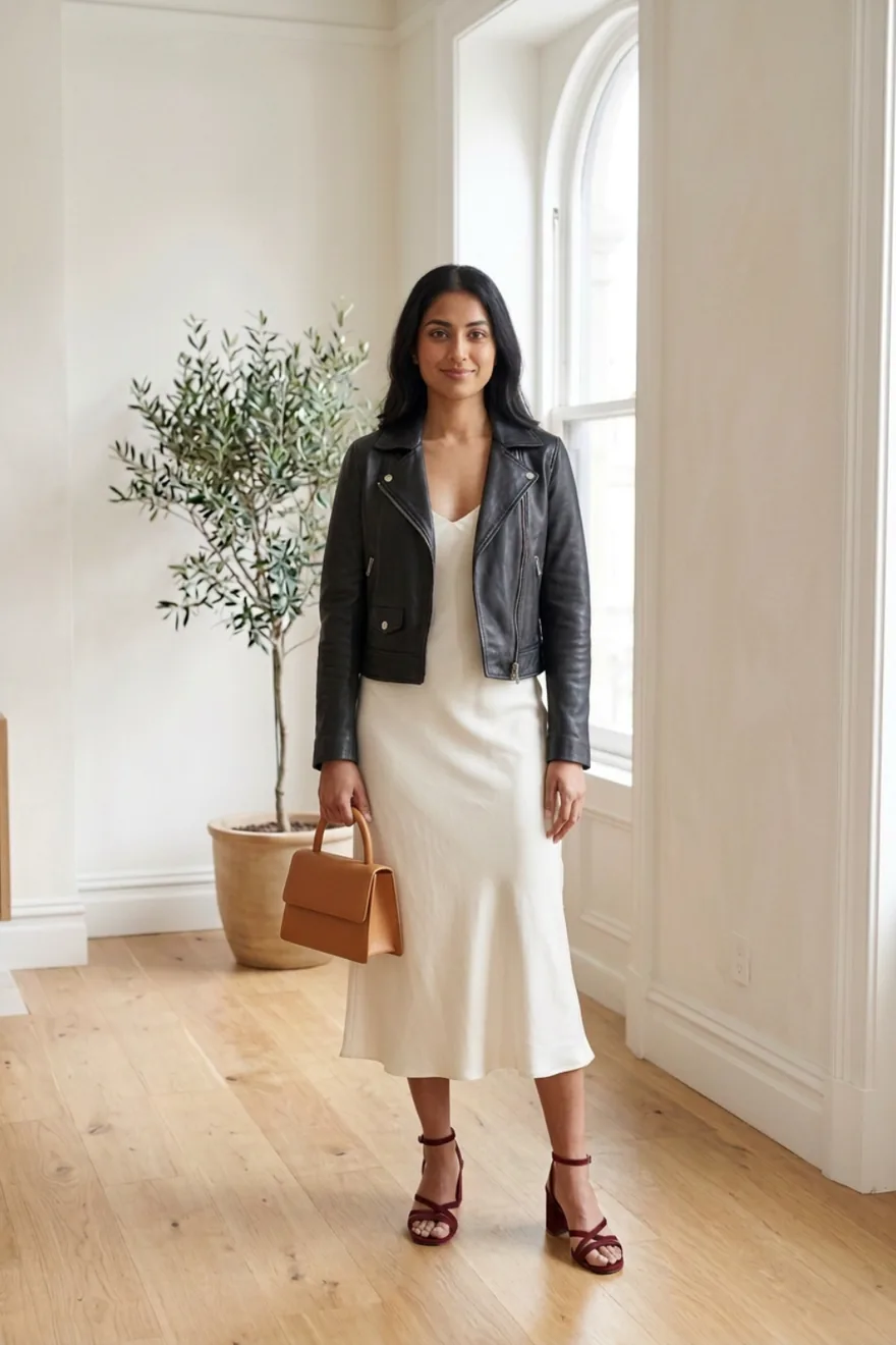 After: ivory silk slip dress, black leather biker jacket, bordeaux heels and a tan top-handle bag